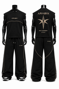 Black sleeveless crop top and matching wide-leg sweatpants shown on black mannequins, front and back views. The outfit features gold-colored piping and branding, including a large star logo on the back with the brand name ARABIX.