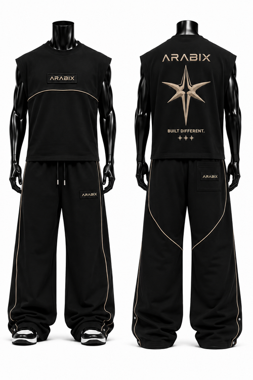 Black sleeveless crop top and matching wide-leg sweatpants shown on black mannequins, front and back views. The outfit features gold-colored piping and branding, including a large star logo on the back with the brand name ARABIX.