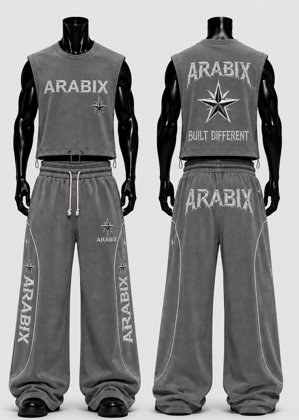 Front and back views of a mannequin wearing a gray sleeveless crop top and matching sweatpants with white ARABIX branding and star graphics, shown on a light gray background.
