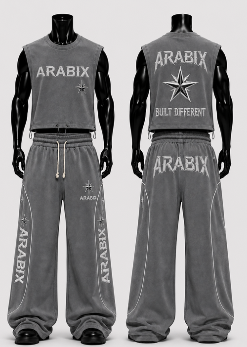 Front and back views of a mannequin wearing a gray sleeveless crop top and matching sweatpants with white ARABIX branding and star graphics, shown on a light gray background.